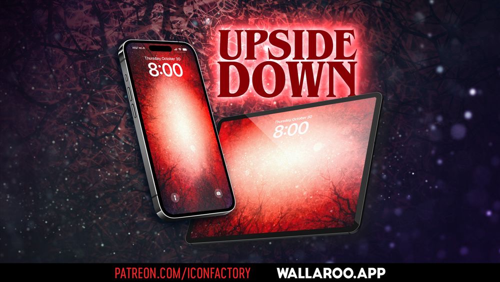 An iPhone and iPad Lock Screen displaying an eerie red forest with motes of dust floating about.