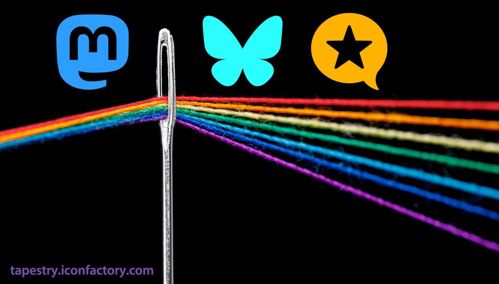 A needle with several colored threads running through the eyelet, spreading out as they go. The logos of Mastodon, Bluesky and Micro.blog are at top. • tapestry.iconfactory.com
