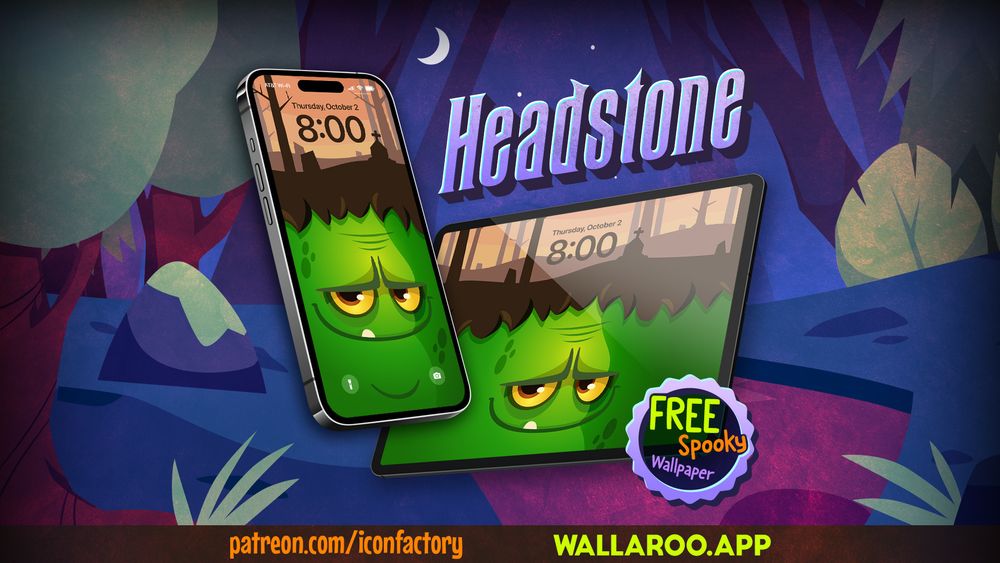 An iPhone and iPad with a wallpaper of an adorable green monster face, Ala Frankenstein who's top of his head is the ground of a spooky forest and graveyard. Text reads - Headstone - patreon.com/iconfactory - Wallaroo.app
