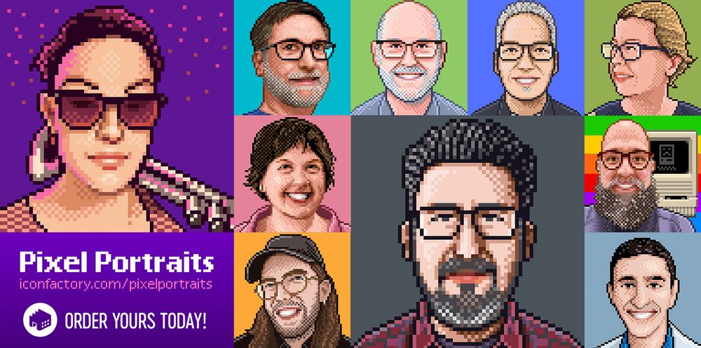 A mosaic of retro styled pixel portraits of various people some with glasses, some smiling, one with a Mac SE. Text reads pixel portraits iconfactory.com/pixelportraits - Order yours today.