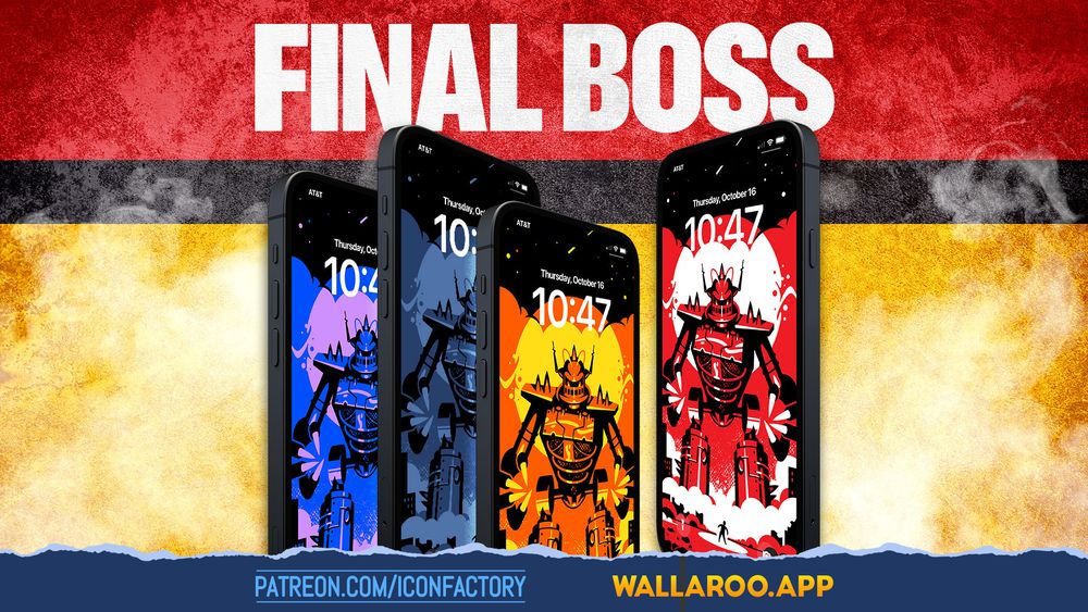 A series of iPhones showing a graphic lock screen wallpaper of a giant, menacing robot destroying a city and a single fighter standing in the rubble, ready to take it on. • FINAL BOSS • Patreon.com/iconfactory • Wallaroo.app