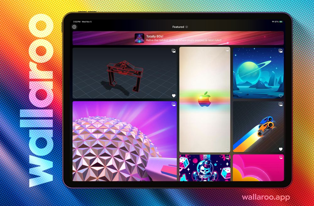 Screenshot of Wallaroo on the iPad showing a grid of vibrant, 80's inspired wallpapers including TRON, Classic Apple, EPCOT Center and more. wallaroo.app