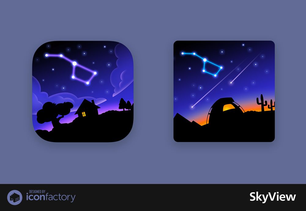 The Skyview app icon is a dark purple night sky with stars and the big dipper. The main icon features the silhouette of a house and trees. The Lite version is a silhouetted tent against mountains and cactuses.