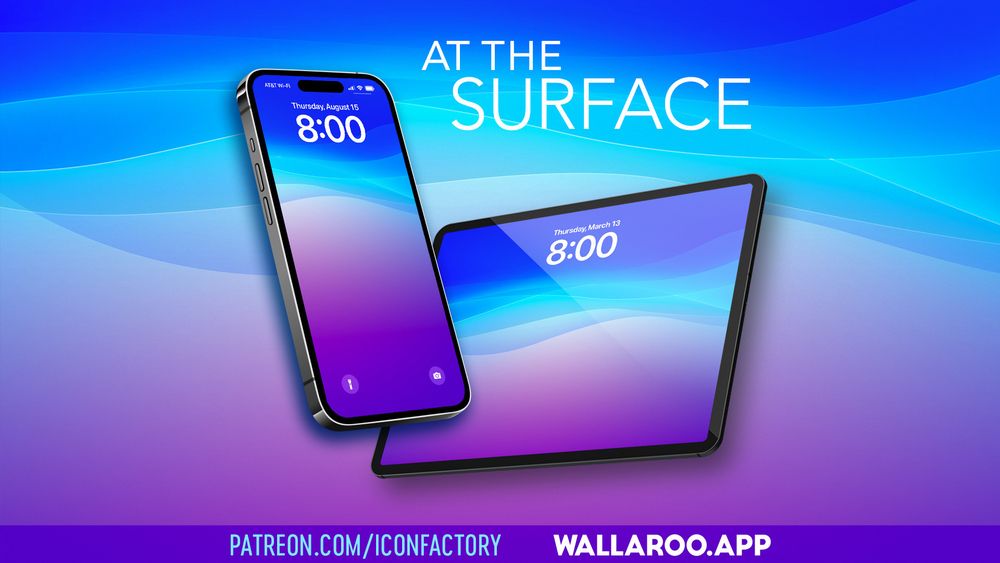 An iPhone, and an iPad with their lock screen set to beautiful flowing waves of blues and purples