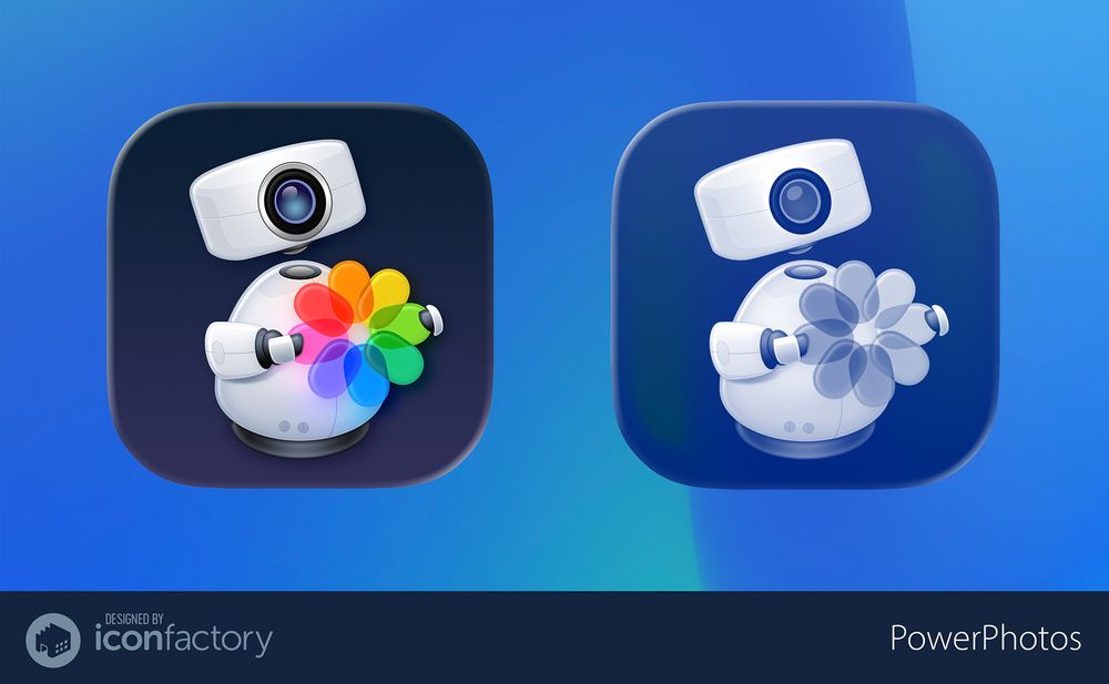 PowerPhotos app icon revision for Liquid Glass showing a cute bot holding a glassy Photos symbol. Two versions shown side by side: the full color default and the monotone clear version.