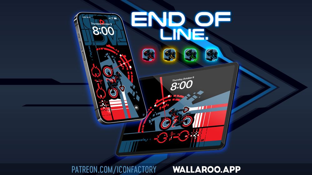 An iPhone and iPad Lock Screen showing a speeding, red, Light Cycle leaving a light trail behind and brandishing his triangular data disc. Text reads END OF LINE - Patreon.com/iconfactory • Wallaroo.app