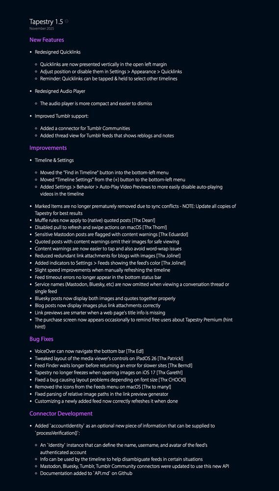 Screenshot of what's new in Tapestry 1.5 for iOS & MacOS. Read the complete list at 

tapestry.iconfactory.com/history