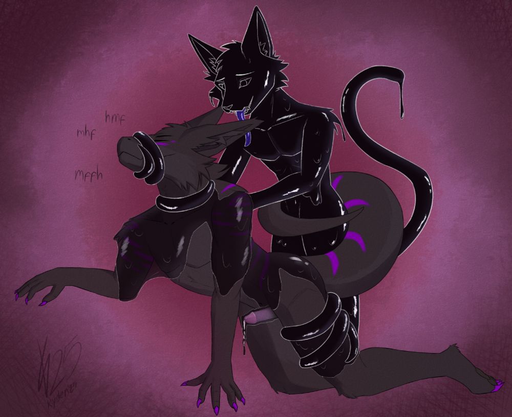 A black dragon being held down and coiled by a gooey black cat. The dragon's maw, neck, and leg is restrained by black tentacles as goo begins to cover his body. His tail wraps around the monster's waist as his cock is coated in goo, moaning in pleasure.