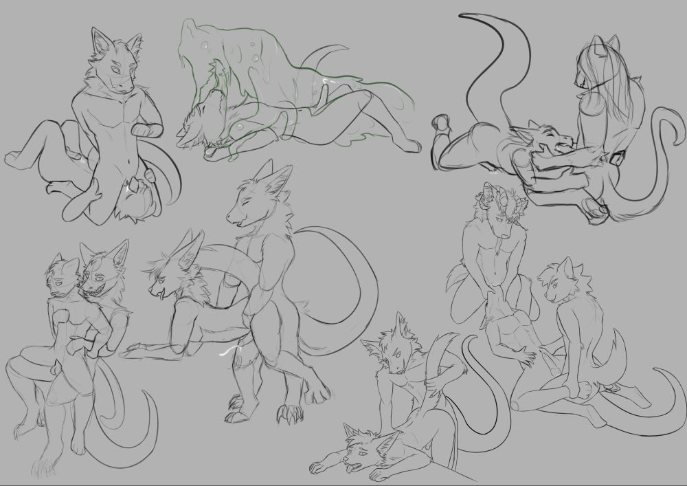 Various sketches of my dragon character having relations with friend's characters, each in a different pose and expressions.