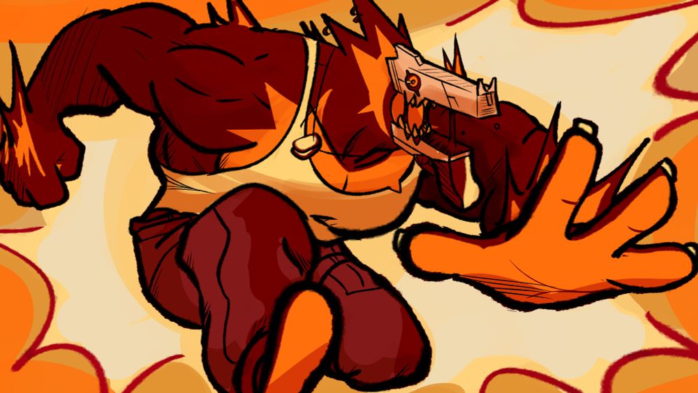Drawing of Qugre's OC Macheo who is an anthropomorphized gunshot. He's in sort of a running/leaping pose with his left hand close to the camera and his right leg out in the same way.