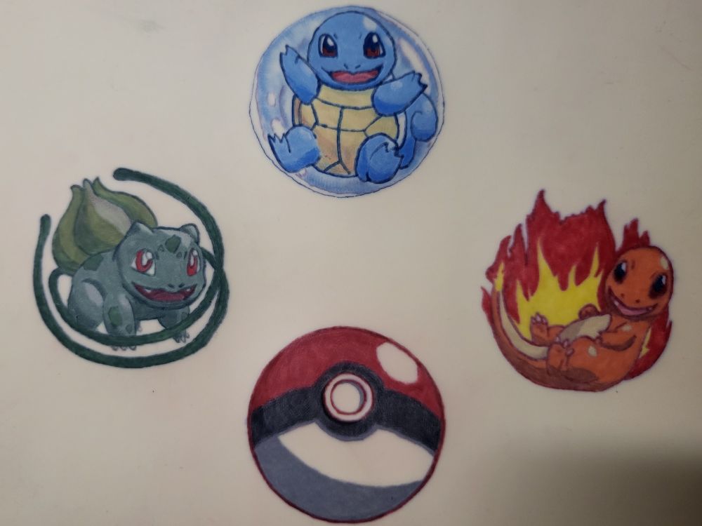 Tattoo practice of Bulbasaur, Squirtle, Charmander and a poke-ball frim Pokemon dine in synthetic skin