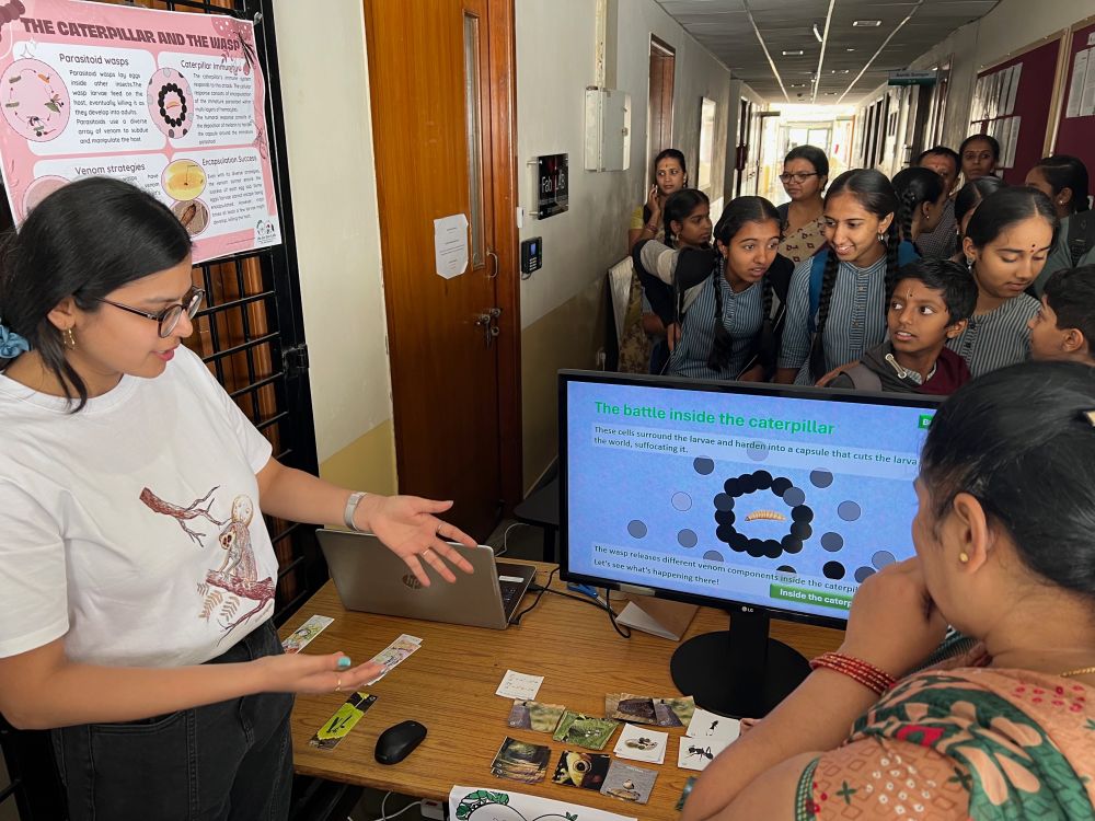 Crowd playing an educational computer game about parasitoid wasp venom