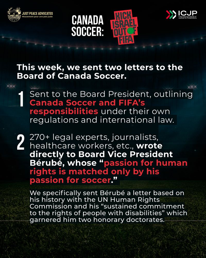 Faded background of the football field with text: 
This week, we sent two letters to the Board of Canada Soccer.
1 Sent to the Board President, outlining Canada Soccer and FIFA’s responsibilities under their own regulations and international law. 

2 270+ legal experts, journalists, healthcare workers, etc., wrote directly to Board Vice President Bérubé, whose “passion for human rights is matched only by his passion for soccer.”

We specifically sent Bérubé a letter based on his history with the UN Human Rights Commission and his “sustained commitment to the rights of people with disabilities” which garnered him two honorary doctorates.