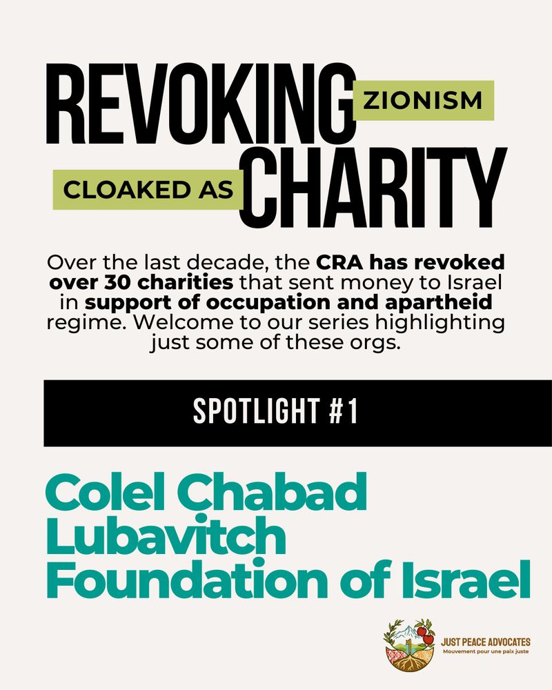 Light grey background with a bold title: "Revoking Zionism Cloaked as Charity" with the text: "Over the last decade, the CRA has revoked over 30 charities that sent money to Israel in support of occupation and apartheid regime. In this series, we are highlighting some of these organizations. Welcome to our series highlighting some of these orgs." A black bar with white text says "Spotlight 1" followed by the name of the organization. 