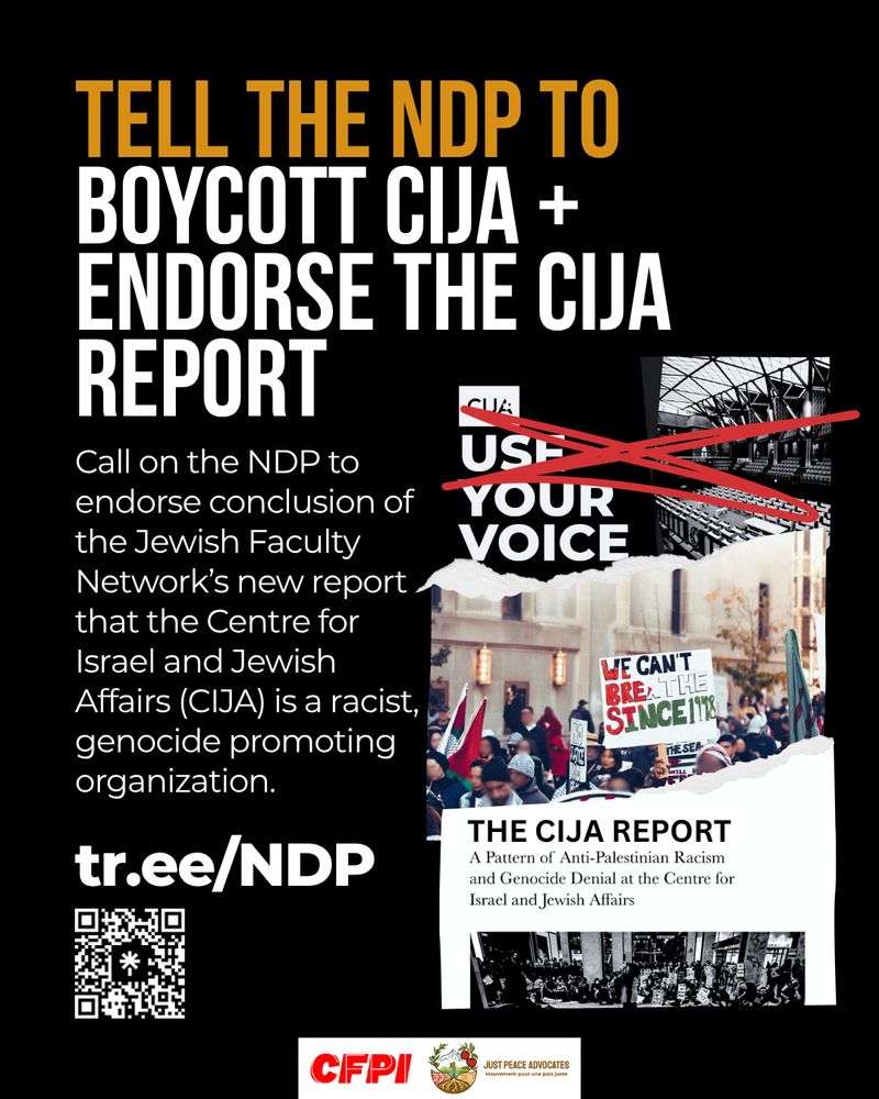 Text to the left of graphic regarding action with scan code at the bottom.   On the right is an image of b/w chairs in a hall with an X in red crossed over the words: CIJA use your voice.  below is two images of protest one in color on the streets and one indoors in b/w.  The text between those two images says: the Cija report, from the report itself 