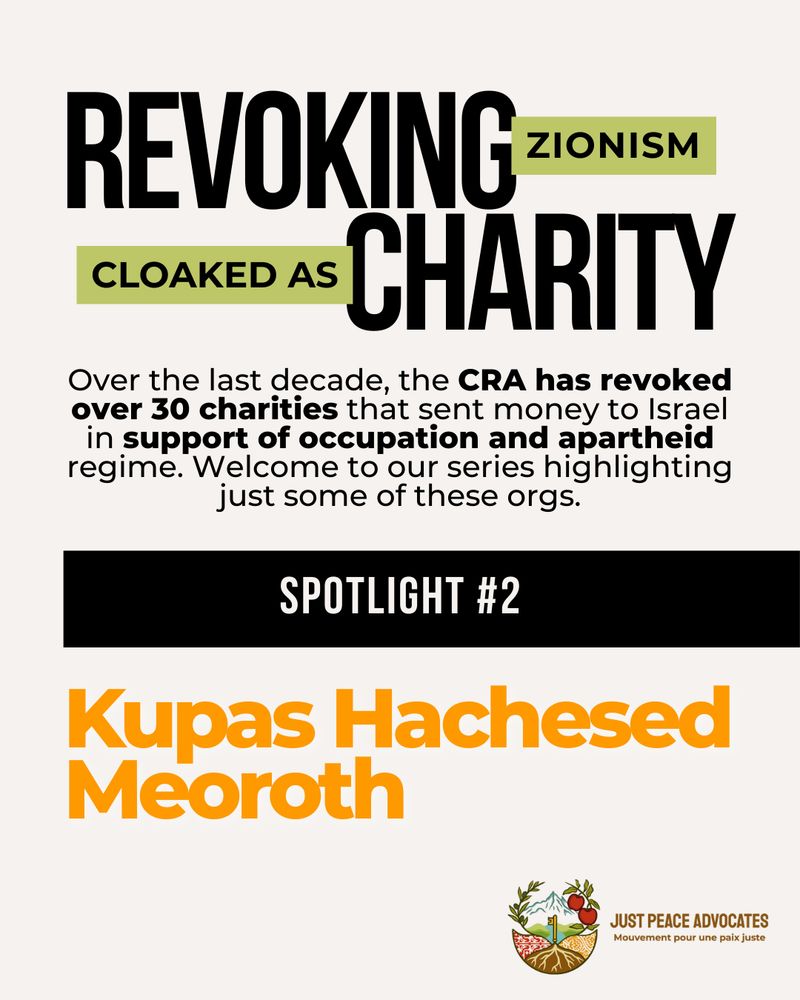 Light grey background with a bold title: "Revoking Zionism Cloaked as Charity" with the text: "Over the last decade, the CRA has revoked over 30 charities that sent money to Israel in support of occupation and apartheid regime. In this series, we are highlighting some of these organizations. Welcome to our series highlighting some of these orgs." A black bar with white text says "Spotlight 1" followed by the name of the organization.