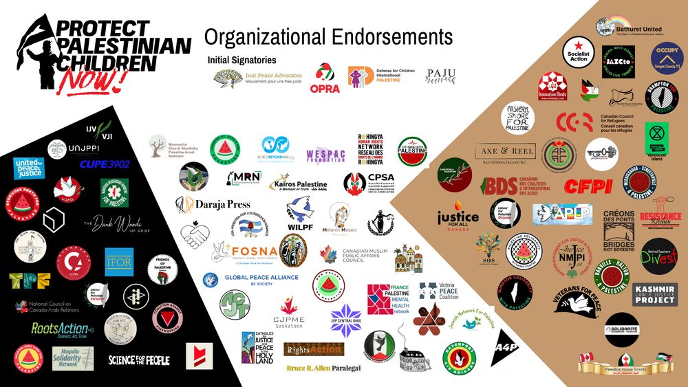 A white background with a black rectangle and a light brown rectangle. At the top is the PPCN logo + "Organizational Endorsements" followed by the initial signatory logos (JPA, OPRA, DCPI, and PAJU). Across the bottom 3/4 are the logos of dozens of organizations who have endorsed the campaign. 