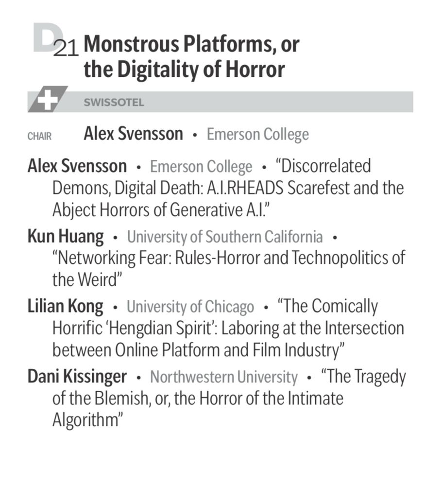 Image of SCMS panel info taken from PDF conference program - detailing info about the “Monstrous Platforms, or the Digitality of Horror” panel from 4:15-6pm on Thurs. 4/3