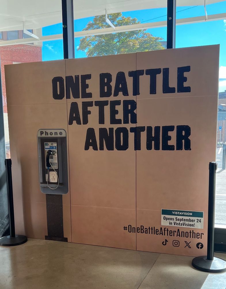Lobby promotion for One Battle After Another at the Coolidge Corner Theatre (Brookline, MA)