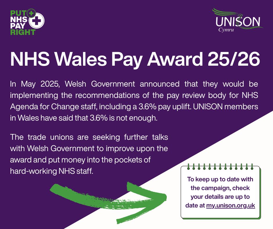 NHS Wales Pay Award 25/26. In May 2025, Welsh Government announced that they would be implementing the recommendations of the pay review body for NHS Agenda for Change staff, including a 3.6% pay uplift. UNISON members in Wales have said that 3.6% is not enough. The trade unions are seeking further talks with Welsh Government to improve upon the award and put money in the pockets of hard working NHS staff. To keep up to date with the campaign, check your details are up to date at my.unison.org.uk
