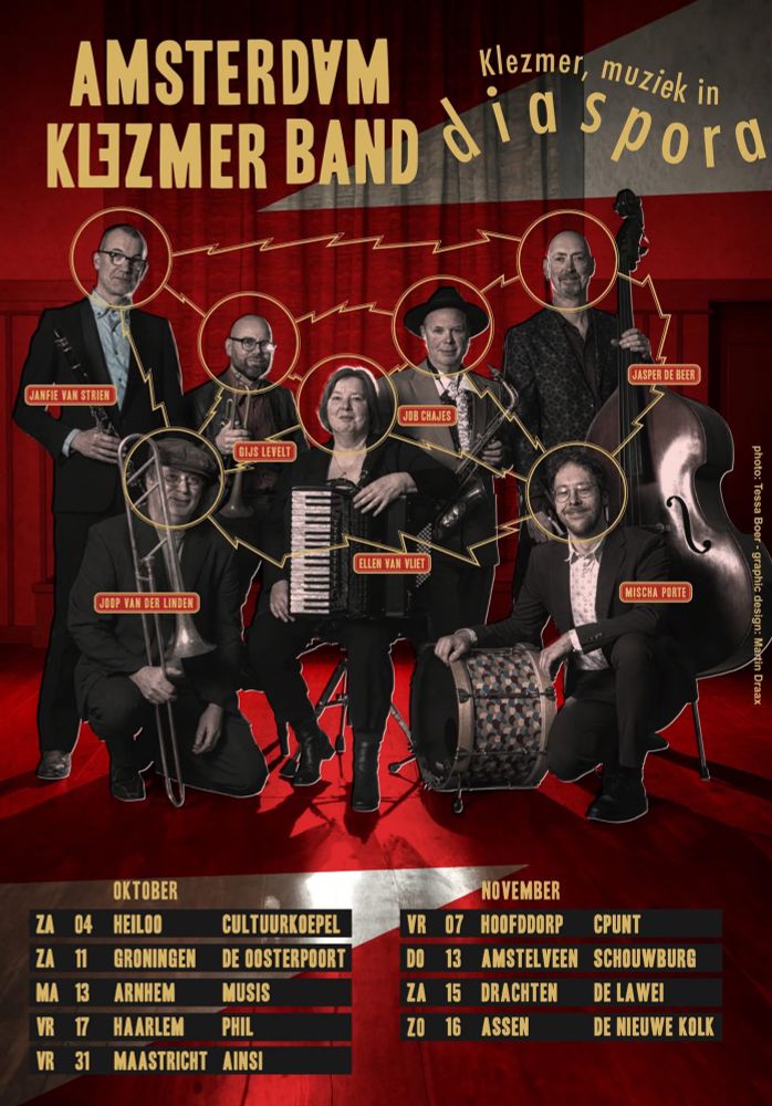 E-flyer Amsterdam Klezmer Band, Klezmer, Muziek in Diaspora. Includes band picture and tourdates, to be found at https://amsterdamklezmerband.com/