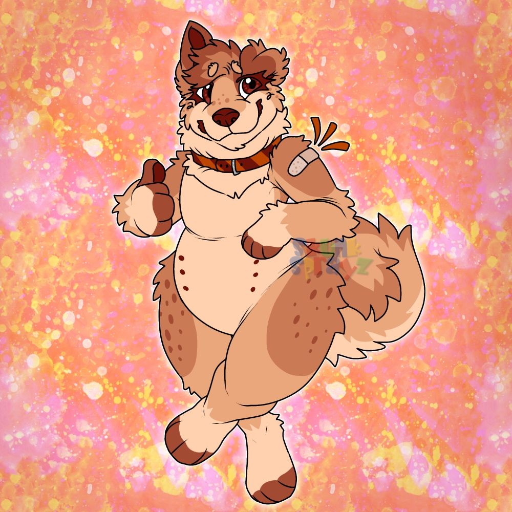 A drawing of a brown furry dog character giving a thumbs up while showing off a bandage on their left arm. The background is a speckled yellow, pink, and orange