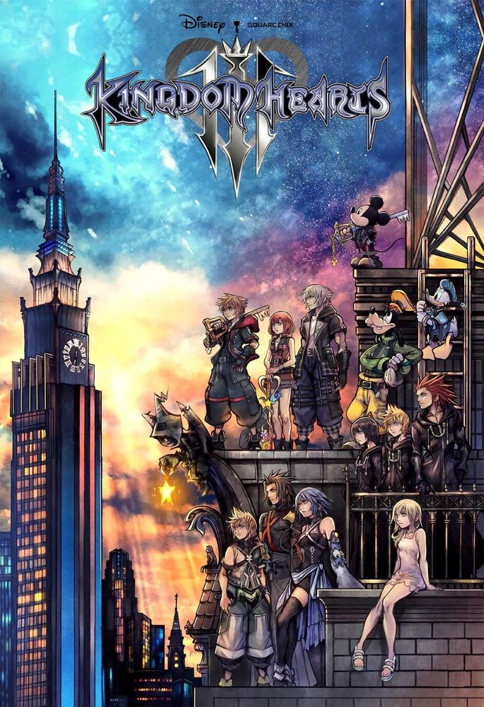 The cover art of Kingdom Hearts 3, a PS4/XB1/Steam game. A large mixed group of teenagers and Disney characters stand on a building and look outward. The sky is a mix of orange and blue, and a clock tower is pictured in the background, to the far left of the artwork.