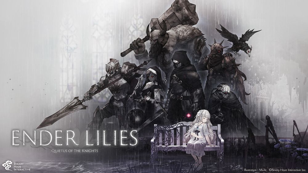 The cover art of Ender Lilies, released for all modern systems. The main character, Lily, sleeps on a beach; she wears a white dress and black bowtie. Behind her are her warrior spirits, wreathed in shadow: a knight with a long spear; a nun holding a ball and chain; a large warrior who rests a club on his shoulder; a hooded knight with a sword drawn and lowered; a beastly knight with red eyes and claws, with a crow hovering over his shoulder; and a slouching figure in a white mask and black cloak. The background is of a chapel wall shrouded in white fog, while the ground is dark and inky. 