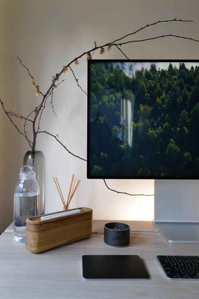 Picture of my desk, you can see a water bottle, small glass vase with a dry branch, pencil case, trackpad, and a small bowl with some nuts