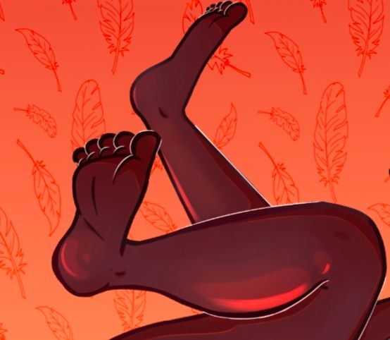 A zoom in of one of the artists work where the characters feet appear to both be right feet.