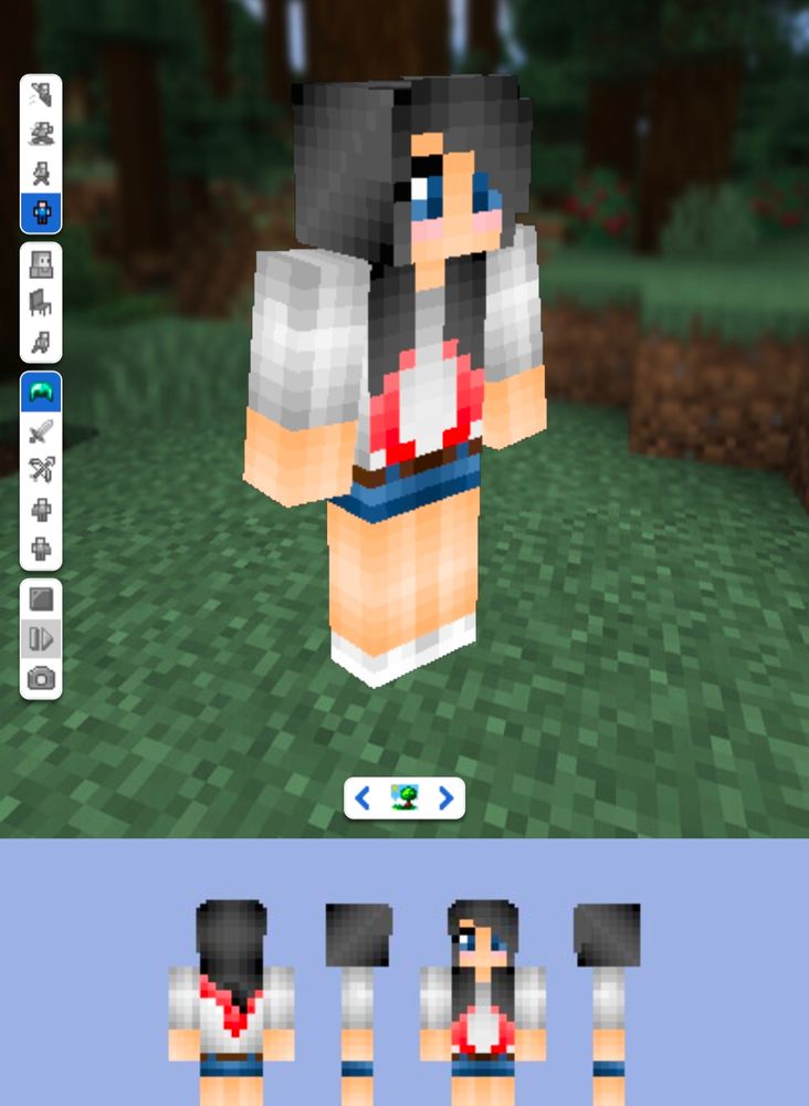 A screenshot of a Minecraft skin. It's a girl with pale skin, long black hair with red tips, white shirt and blue shirt cut jean shorts.