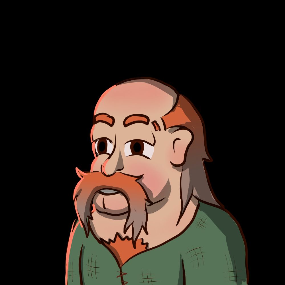 A balding man with a large mustache, wearing a green shirt that is slightly open and show a bit of chest hairs. 

His hair are mostly red, but have starting to grey.

He is smiling