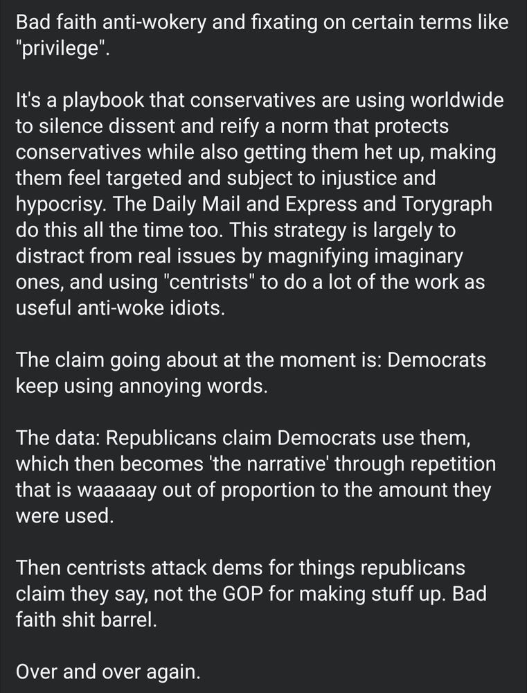 Screenshot of a post of mine. Bad faith anti-wokery and fixating on certain terms like 
