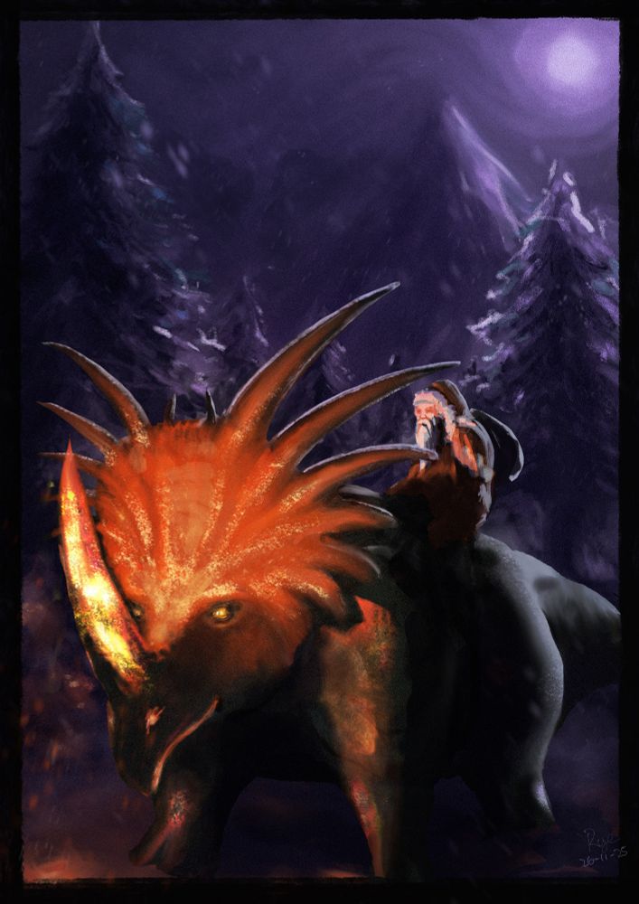 A picture of Santa riding a giant magic styracosaurus with a very shiny nasal horn through snow swept trees and mountains