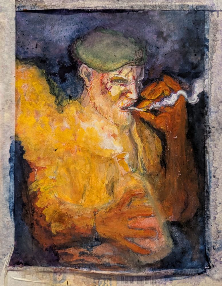 Bill from Left 4 Dead with a burning Molotov and cigarette