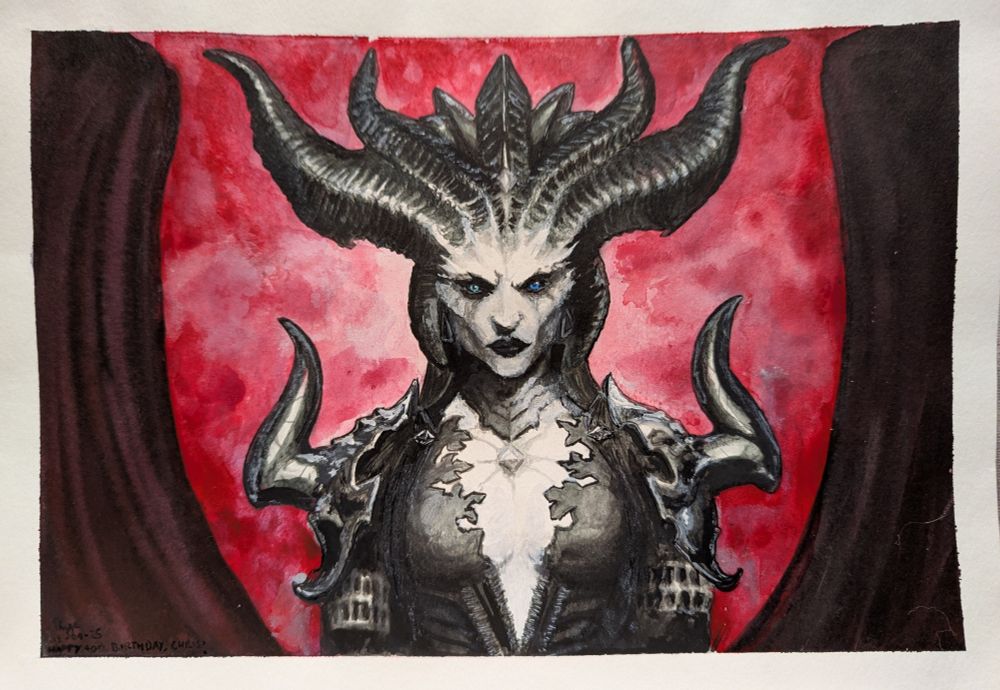 Lilith from Diablo 4, acrylic inks 