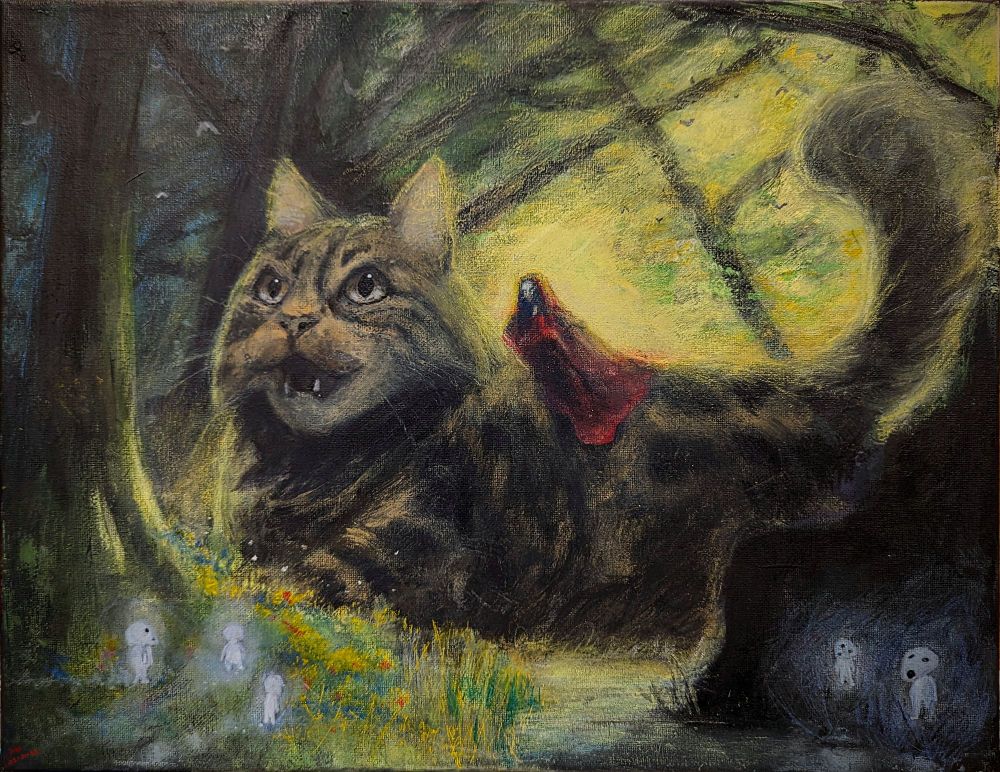 A giant Maine coon with a Sorceress on her back in an enchanted forest