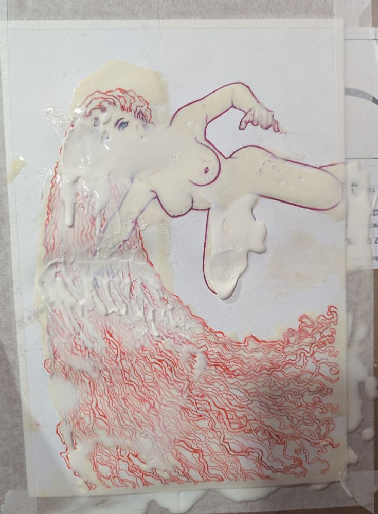 A painting with a lot of masking fluid glugged all over