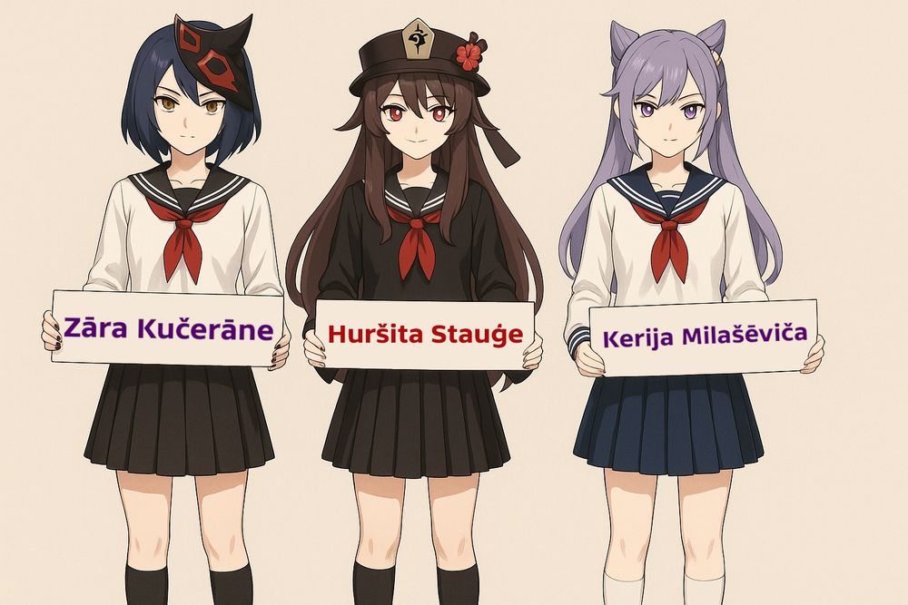 AI anime art depiction of "Not Kujou Sara 4.0", "Not Hu Tao 22" and "Not Keqing 12" holding their HoYoSims nameplates.