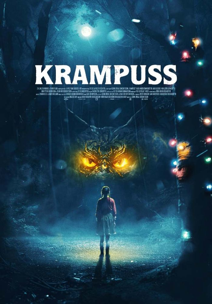 Poster for Krampuss. A little girl confronts a monstrous creature with glowing eyes.