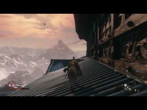 Screenshot from the game Sekiro: Shadows Die Twice of Wolf/Sekiro, the player character, on a rooftop of Ashina Castle. The "Woo Guy" Nightjar Ninja enemy is seen falling out of the sky in the background.