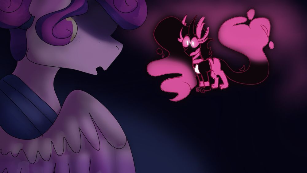 Cadance and a pink and black looking creature stare at each other, but now both are surrounded by darkness