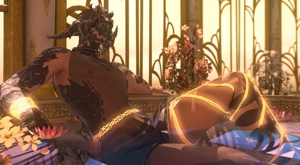 The same Xaela again, with significantly less clothing, revealing his patterned scales underneath. Jewerly around his waist, wrists and leg glows a bright orange as he lounges in a pool.