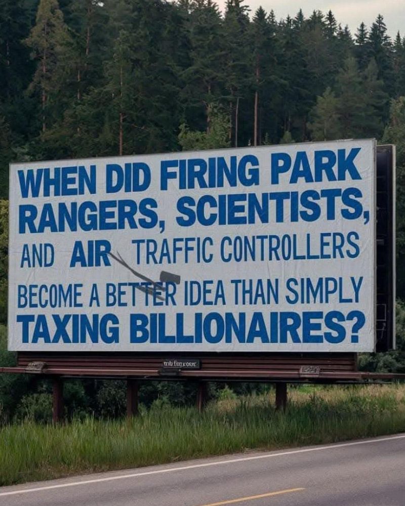 Billboard beside road with text that reads: WHEN DID FIRING PARK RANGERS, SCIENTISTS, AND AIR TRAFFIC CONTROLLERS BECOME A BETTER IDEA THAN SIMPLY TAXING BILLIONAIRES?