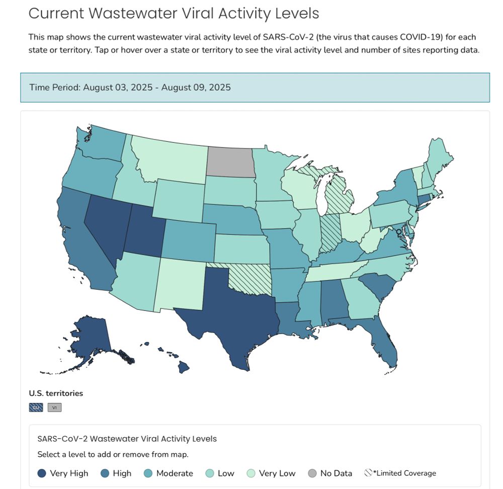 Current Wastewater Viral Activity Levels

This map shows the current wastewater viral activity level of SARS-CoV-2 (the virus that causes COVID-19) for each state or territory. Tap or hover over a state or territory to see the viral activity level and number of sites reporting data.
Time Period: August 03, 2025 - August 09, 2025