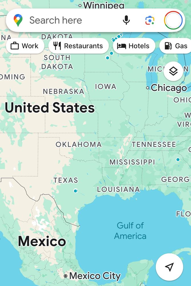 Google Maps showing name change of Gulf of Mexico to Gulf of America.