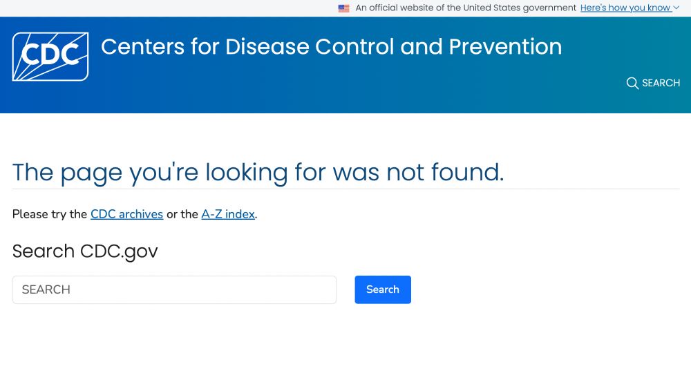 CDC Page:

The page you're looking for was not found.

Please try the CDC archives or the A-Z index.

Search CDC.gov