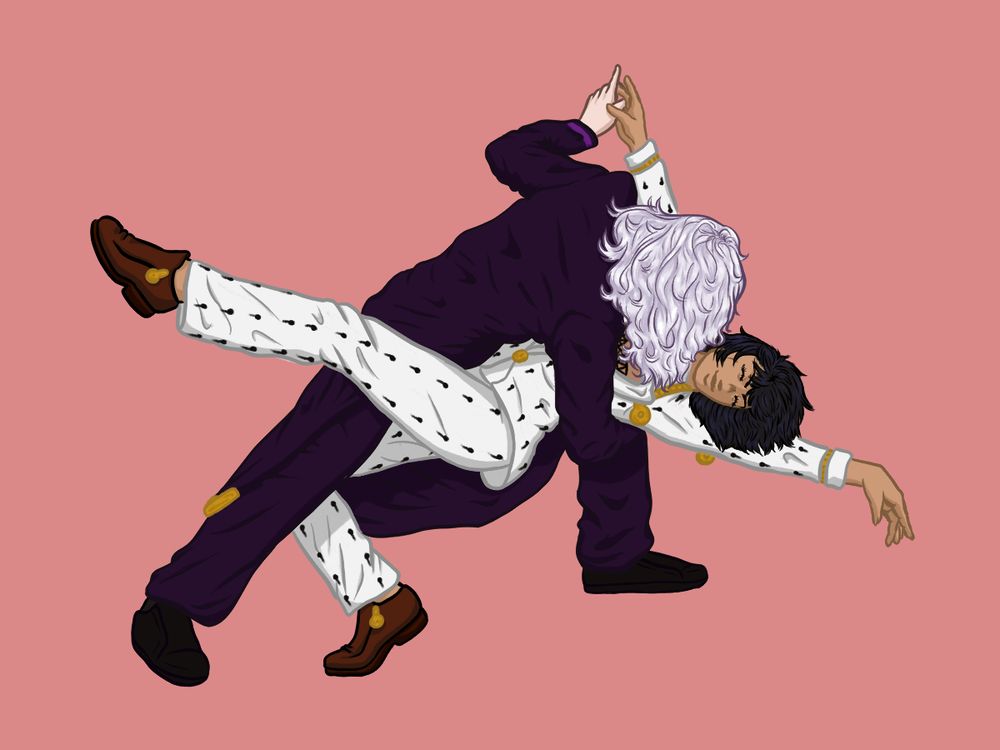 My drawing of Leone Abbacchio and Bruno Bucciarati from Jojo's Bizarre Adventure as they dance together, and Abbacchio is dramatically and lowly dipping Bruno. Leone's hair obscures his face as he's facing Bruno, and Bruno is smiling with his eyes closed. One of Bruno's hands is loosely holding Leone's, while the other is outstretched.