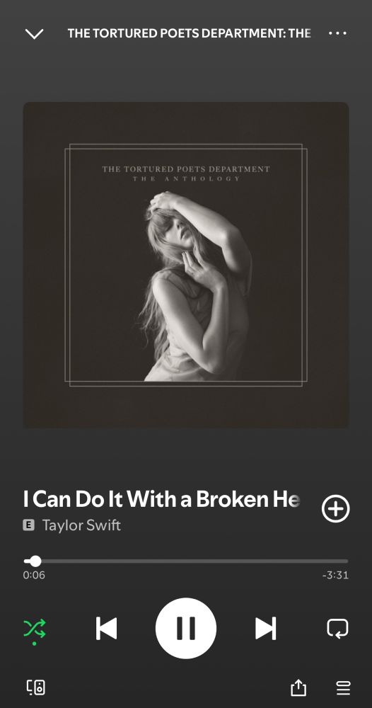 screenshot of I Can Do It With a Broken Heart by Taylor Swift on Spotify, from The Tortured Poets Department. the album cover is in black and white with Taylor’s arms up around her face.