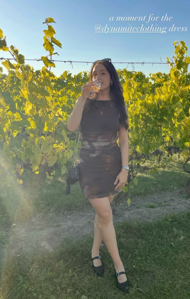 photo of a brunette sipping wine in a vineyard, wearing a tight sleeveless brown mesh dress with light brown floral patterns, and black kitten heels. a black purse is hanging off one side of her.
